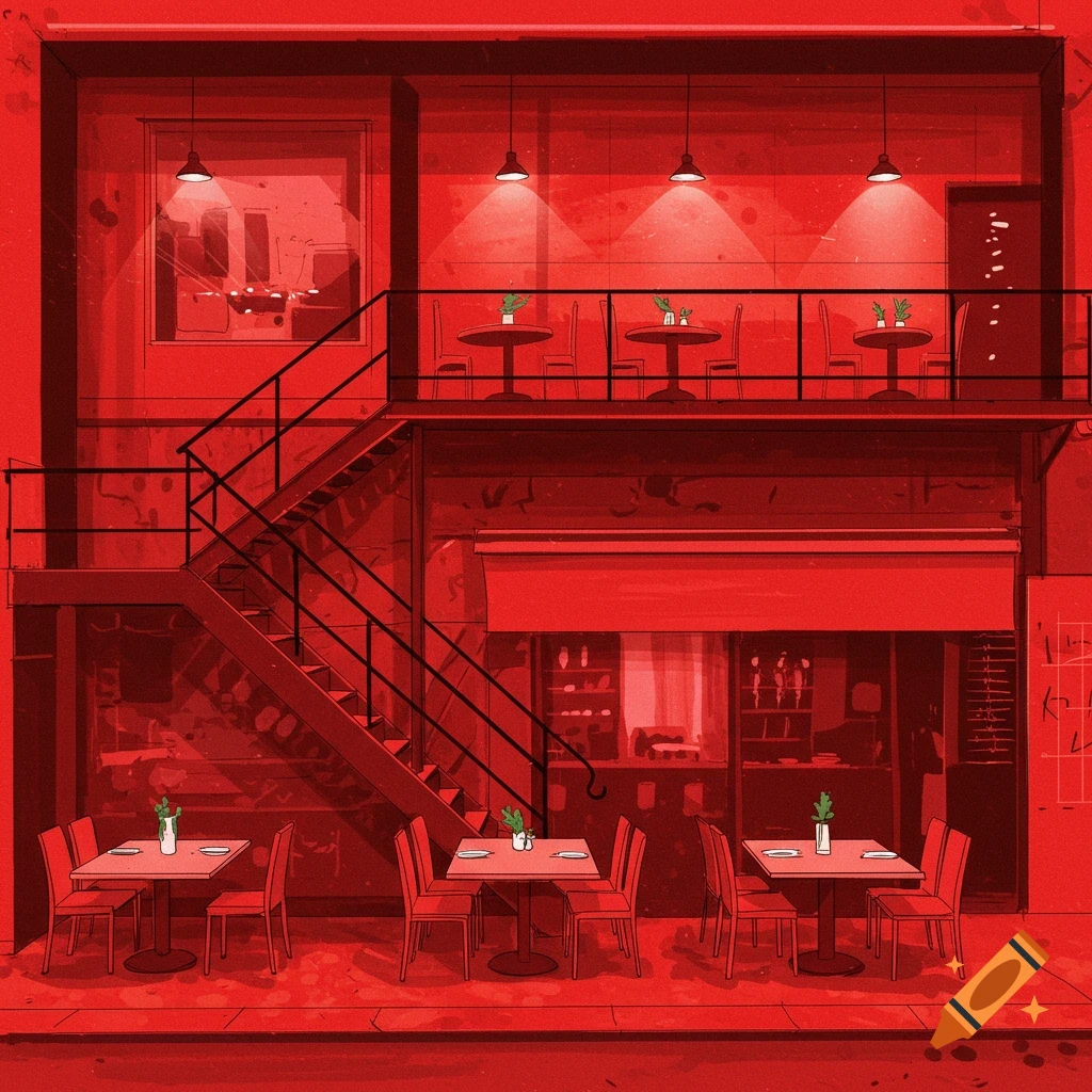 Stylized red drawing of a building facade with outdoor seating and a staircase.