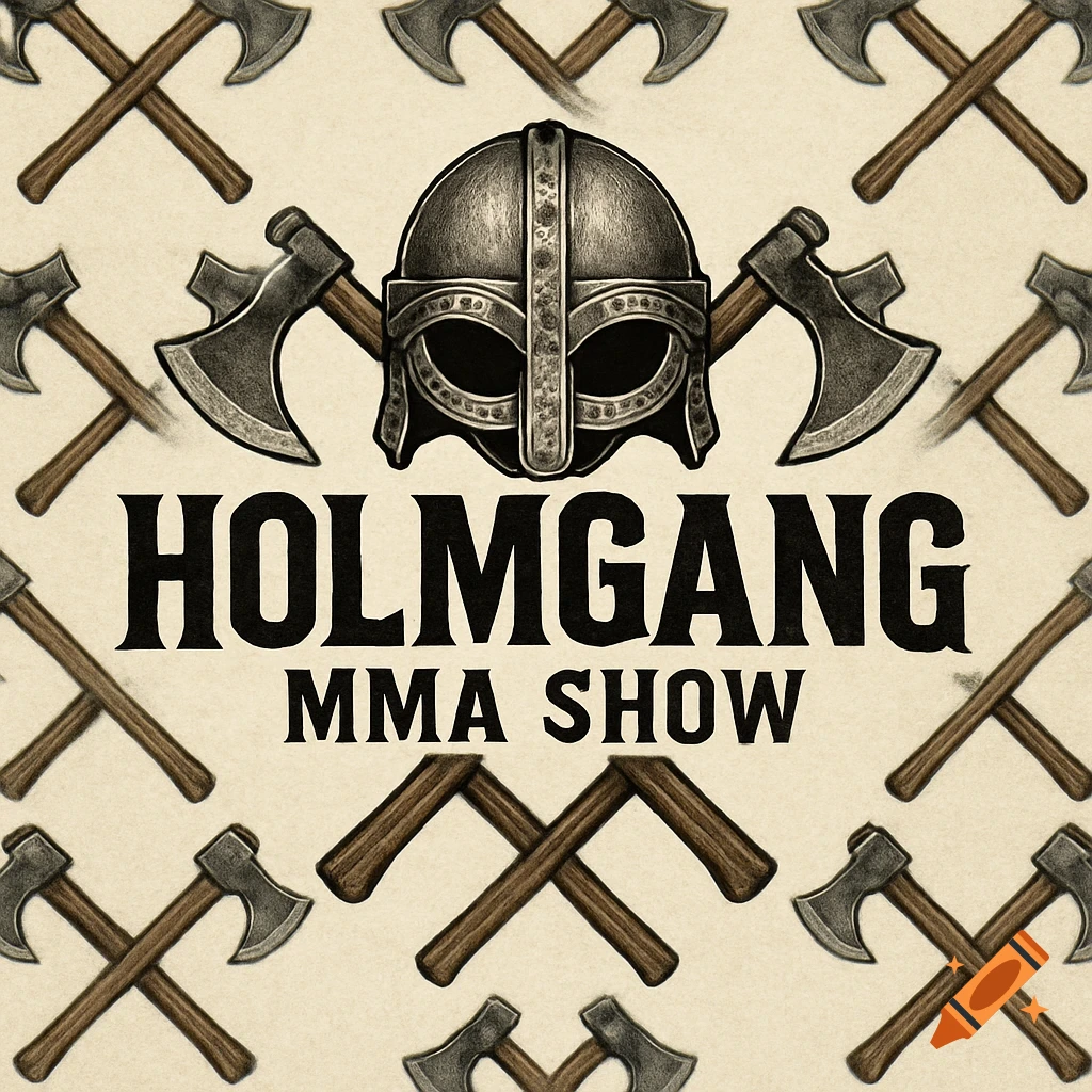 Viking helmet and crossed axes over text "Holmgang MMA Show" with a background pattern of axes.