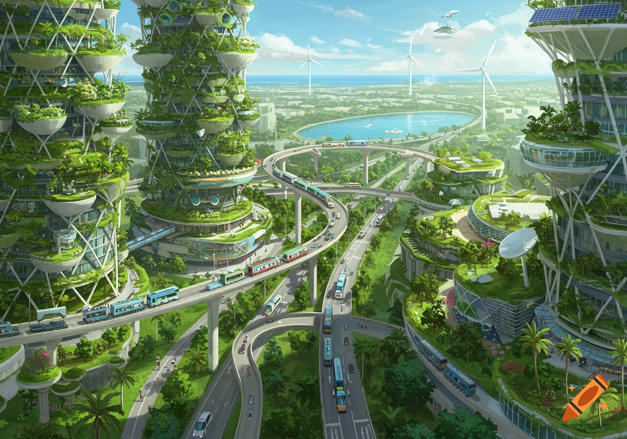 A futuristic sustainable city with green skyscrapers, elevated trains, and wind turbines.