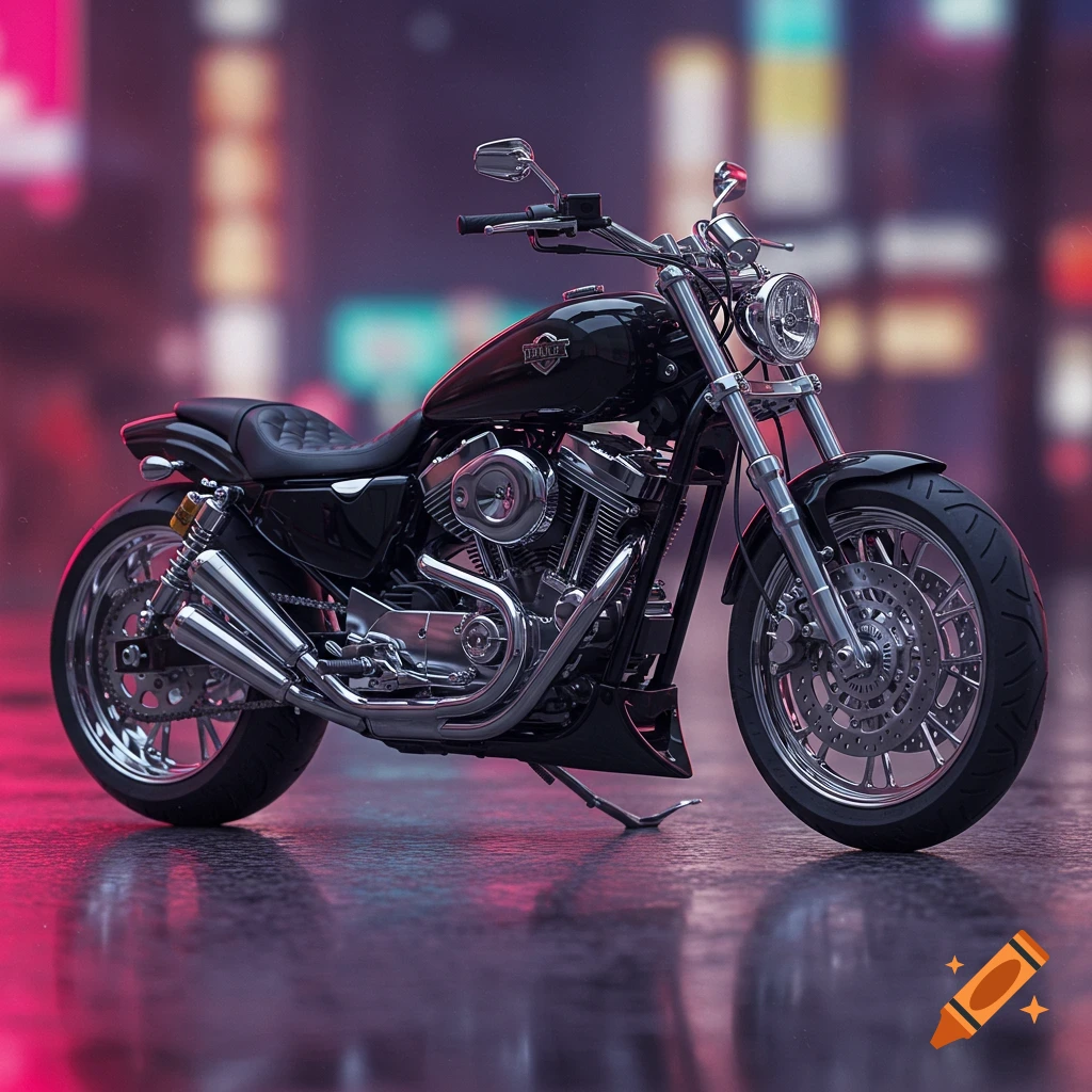 A black motorcycle parked on a wet city street at night with neon reflections.