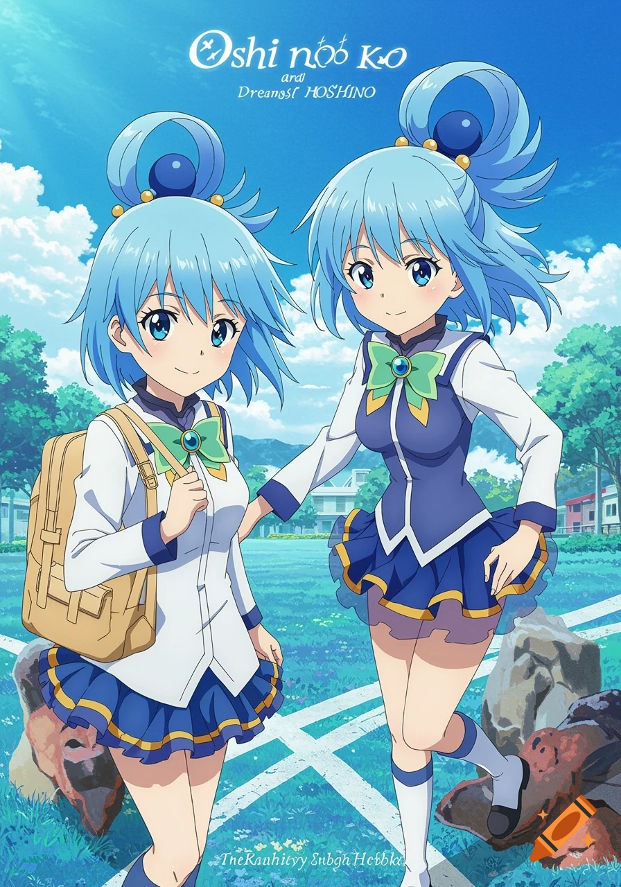 Anime drawing of two blue-haired girls in school uniforms and a blue skirt.