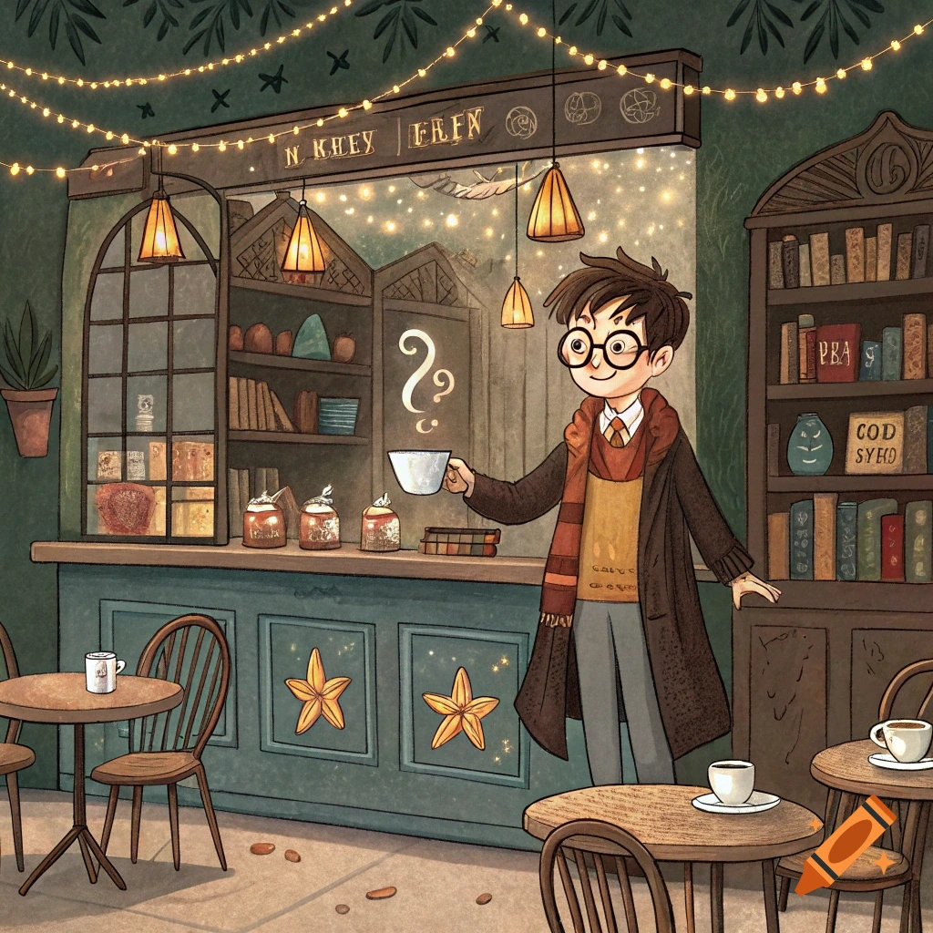 A young boy in a scarf holds a coffee cup in a cartoonish cafe with bookshelves.