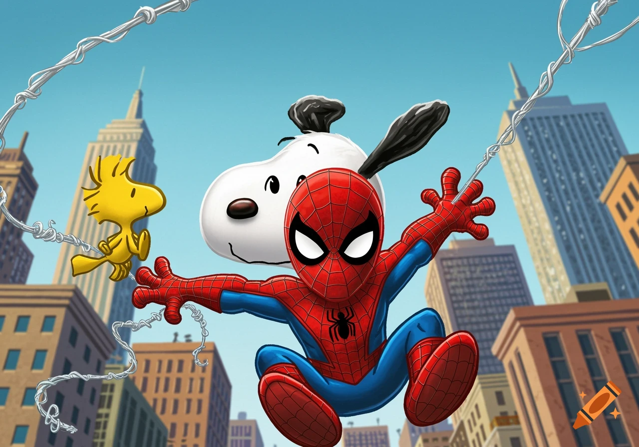 Cartoon of Snoopy dressed as Spider-Man swinging with Woodstock through a city.