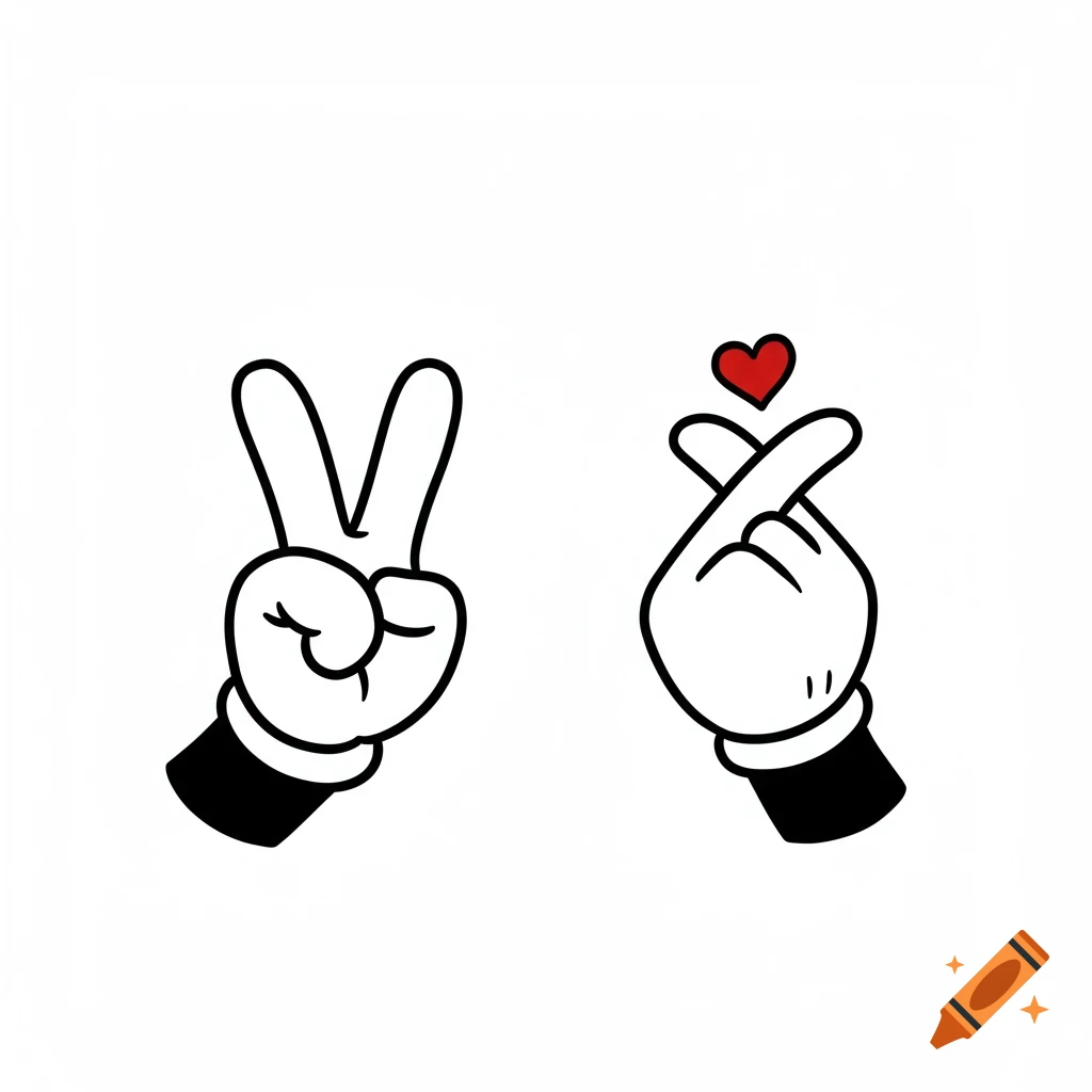 Cartoon hands making a peace sign and a finger heart gesture.