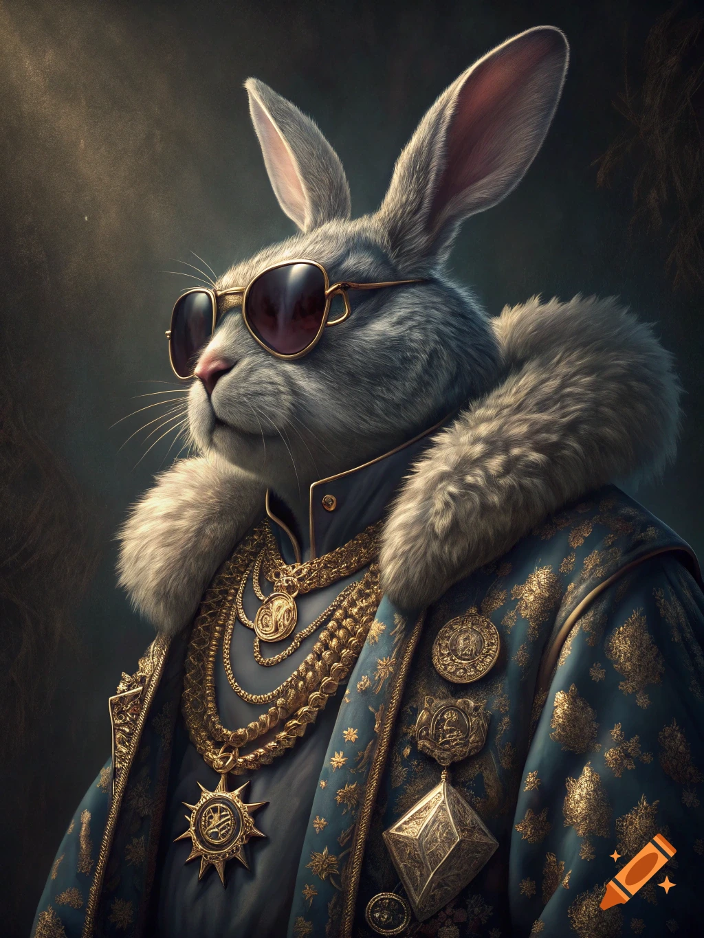 Portrait of a rabbit wearing sunglasses, gold chains, and a fur-trimmed ...