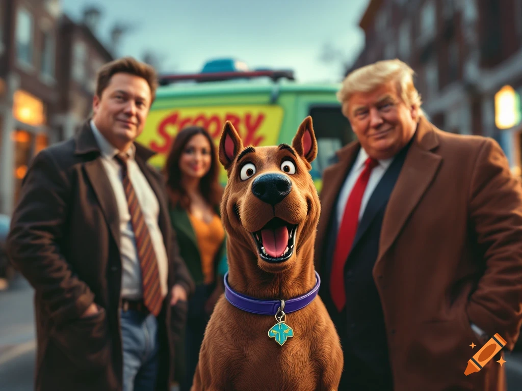 Photorealistic image of Scooby-Doo, Elon Musk, and Donald Trump in front of the Mystery Machine van.