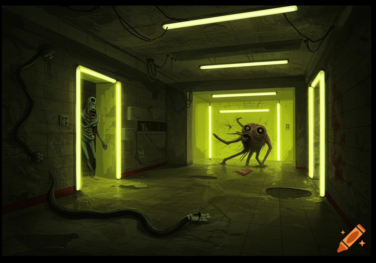 Two grotesque monsters in a dark, yellow-lit hallway with a hose.