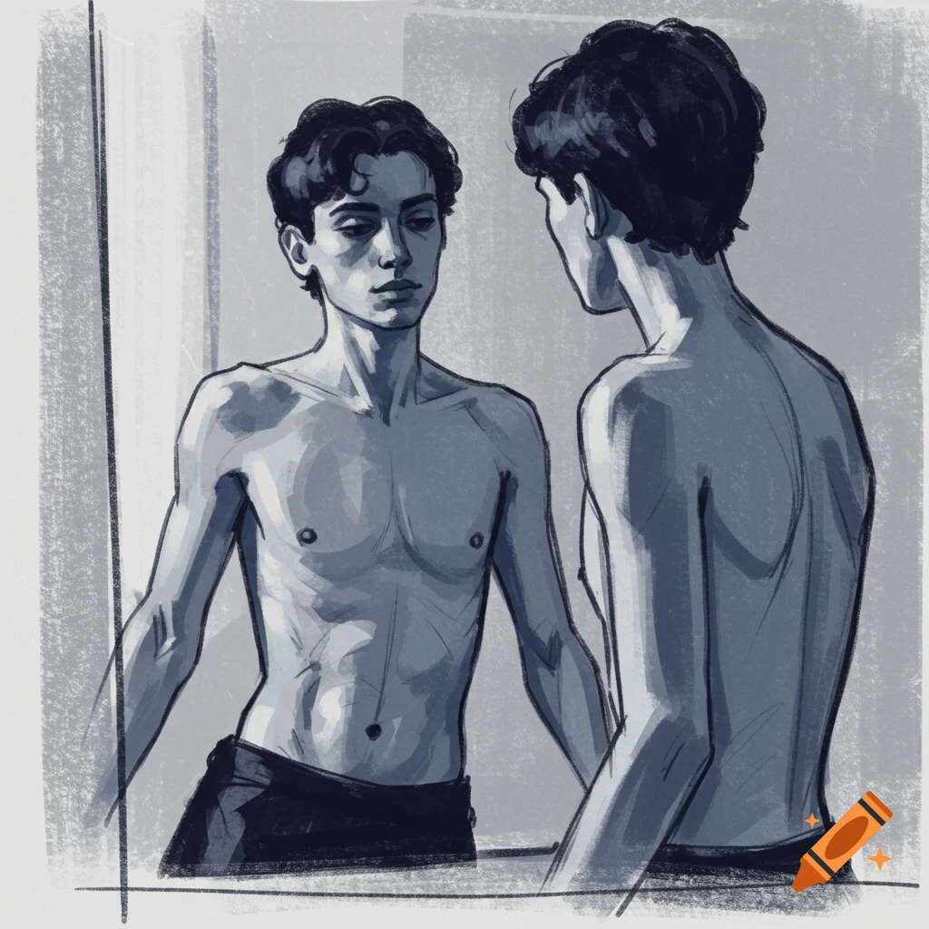 Sketch of a young male figure looking at his reflection in a mirror.
