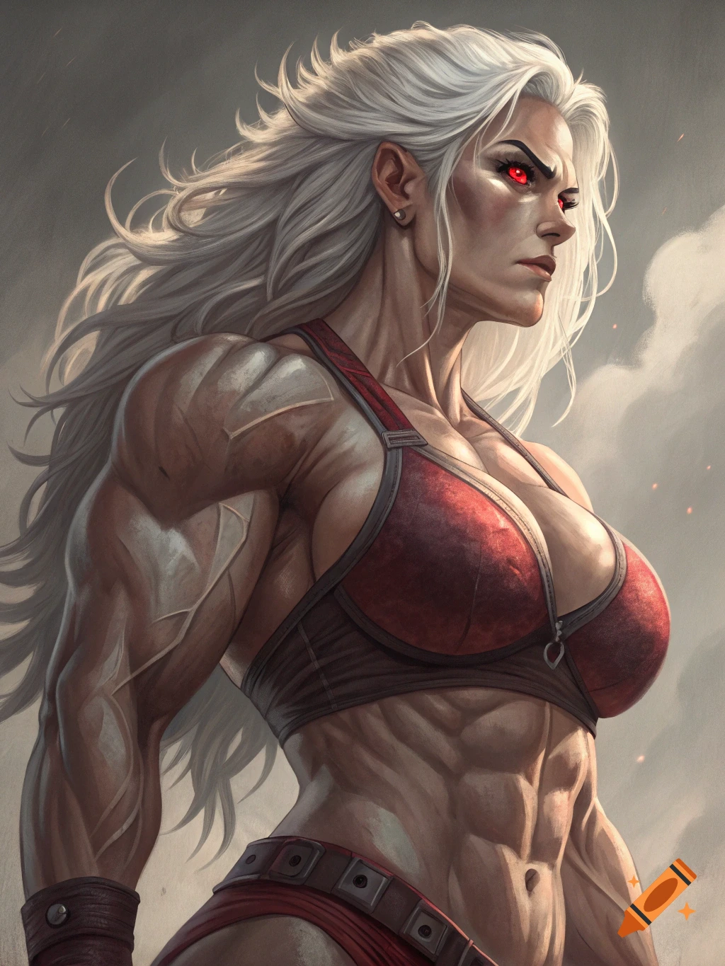 A muscular woman with white hair and red eyes wears a sports bra, looking determined.