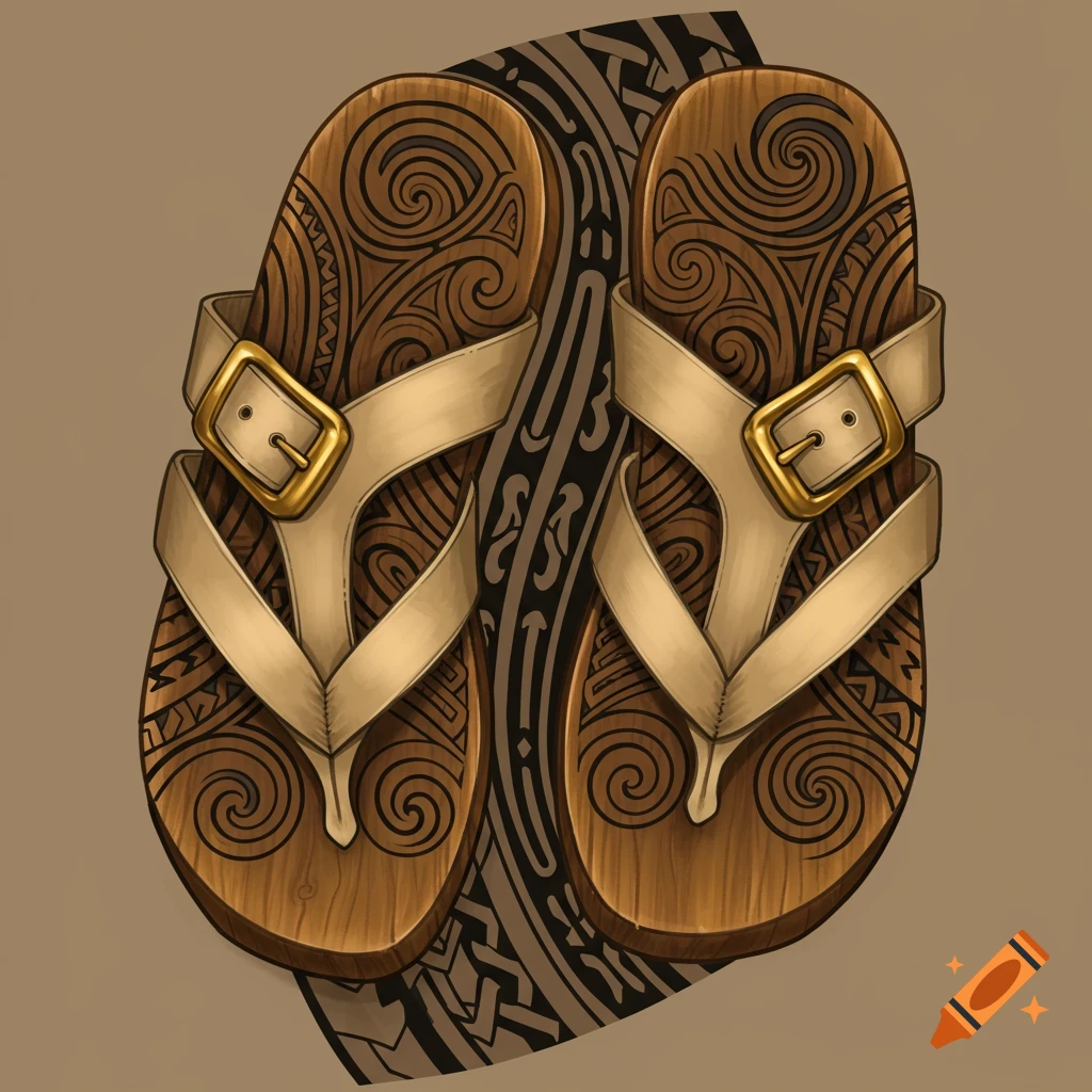 A pair of wooden sandals with beige straps and gold buckles, decorated with swirling tattoo patterns.