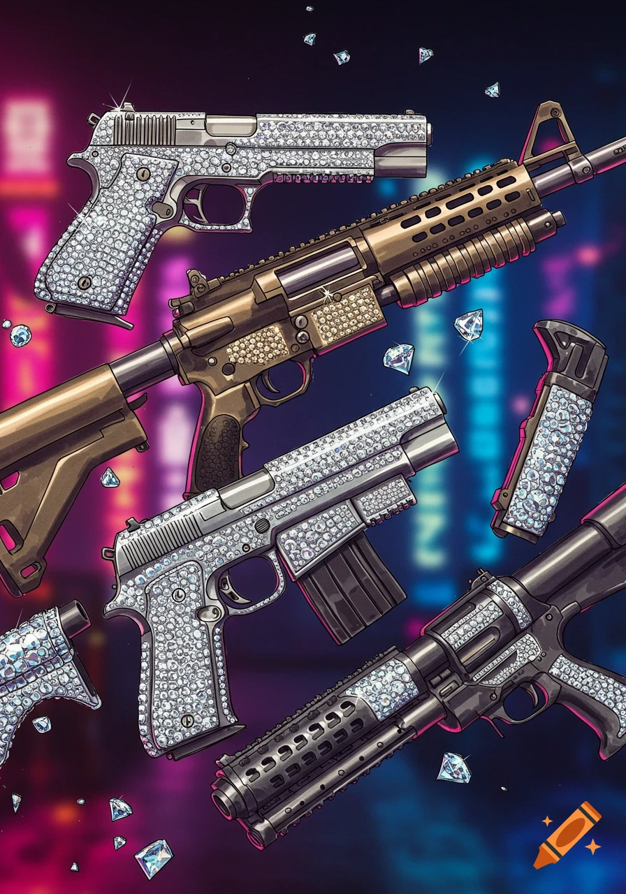 Diamond-encrusted pistol, rifle, and other weapons scattered against a blurry neon city background. Illustrated style.