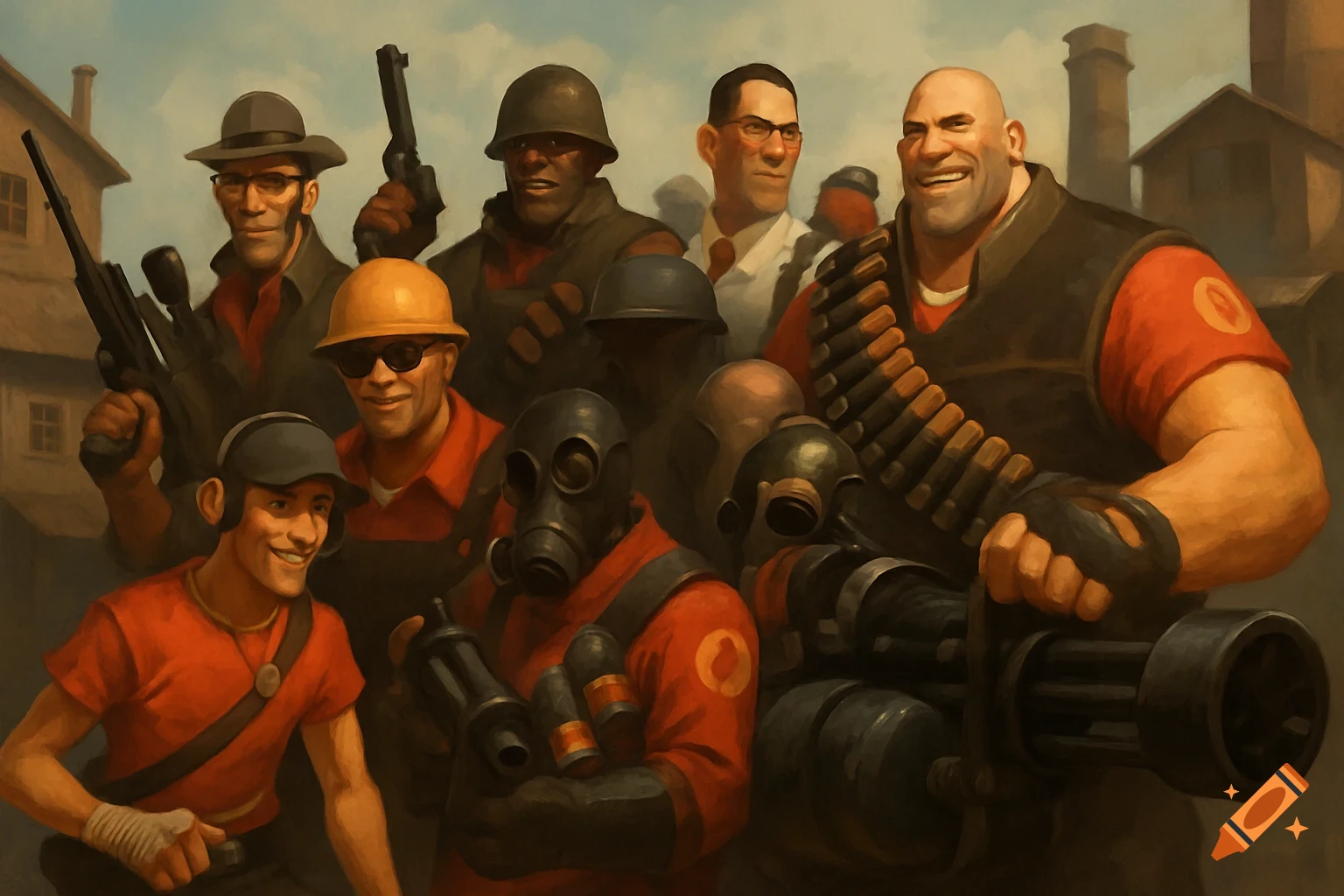 A painted group portrait of Team Fortress 2 characters holding weapons.