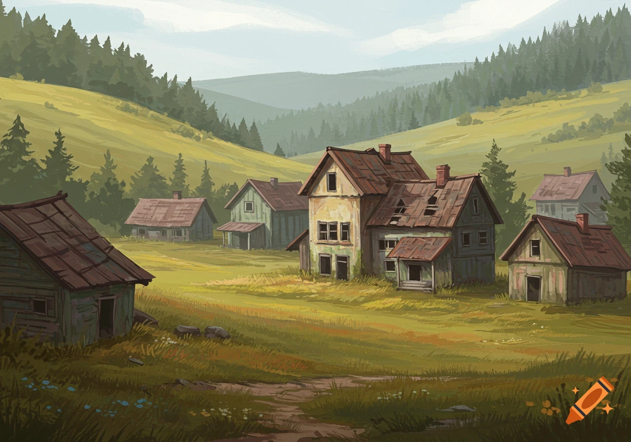 Painterly image of an abandoned village nestled in a green valley surrounded by hills and trees.