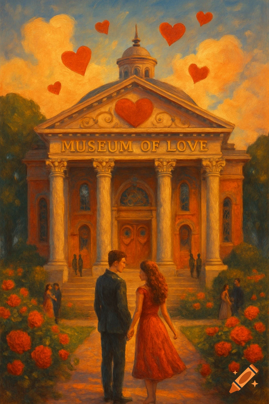 A couple stands in front of a building labeled 'Museum of Love' under a sky with floating hearts, in a painterly style.