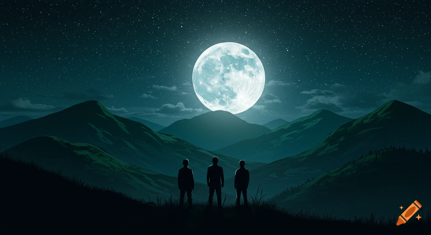 Three silhouetted figures on a hill look at a large full moon over mountains under a starry night sky, illustration style.