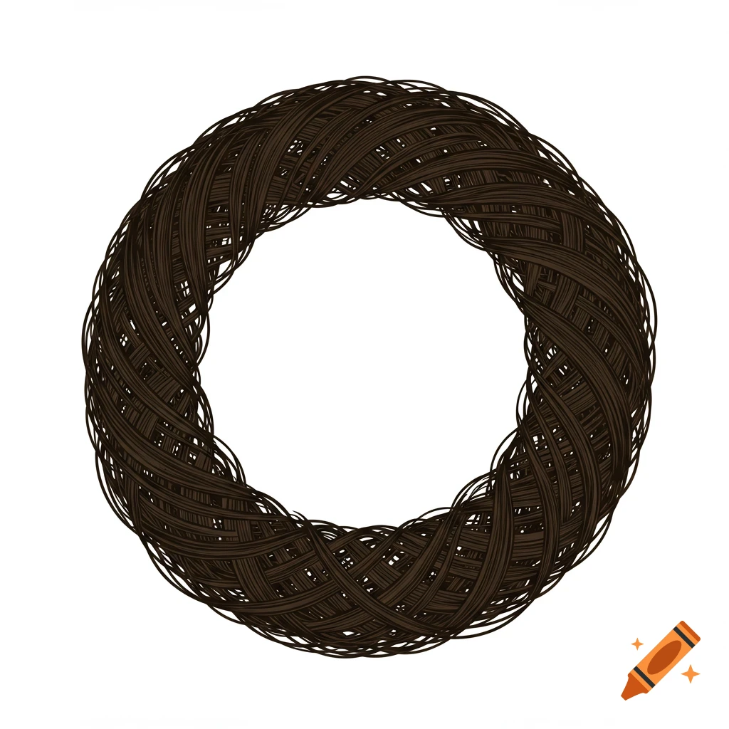 A brown circle made of intertwined strands on a white background