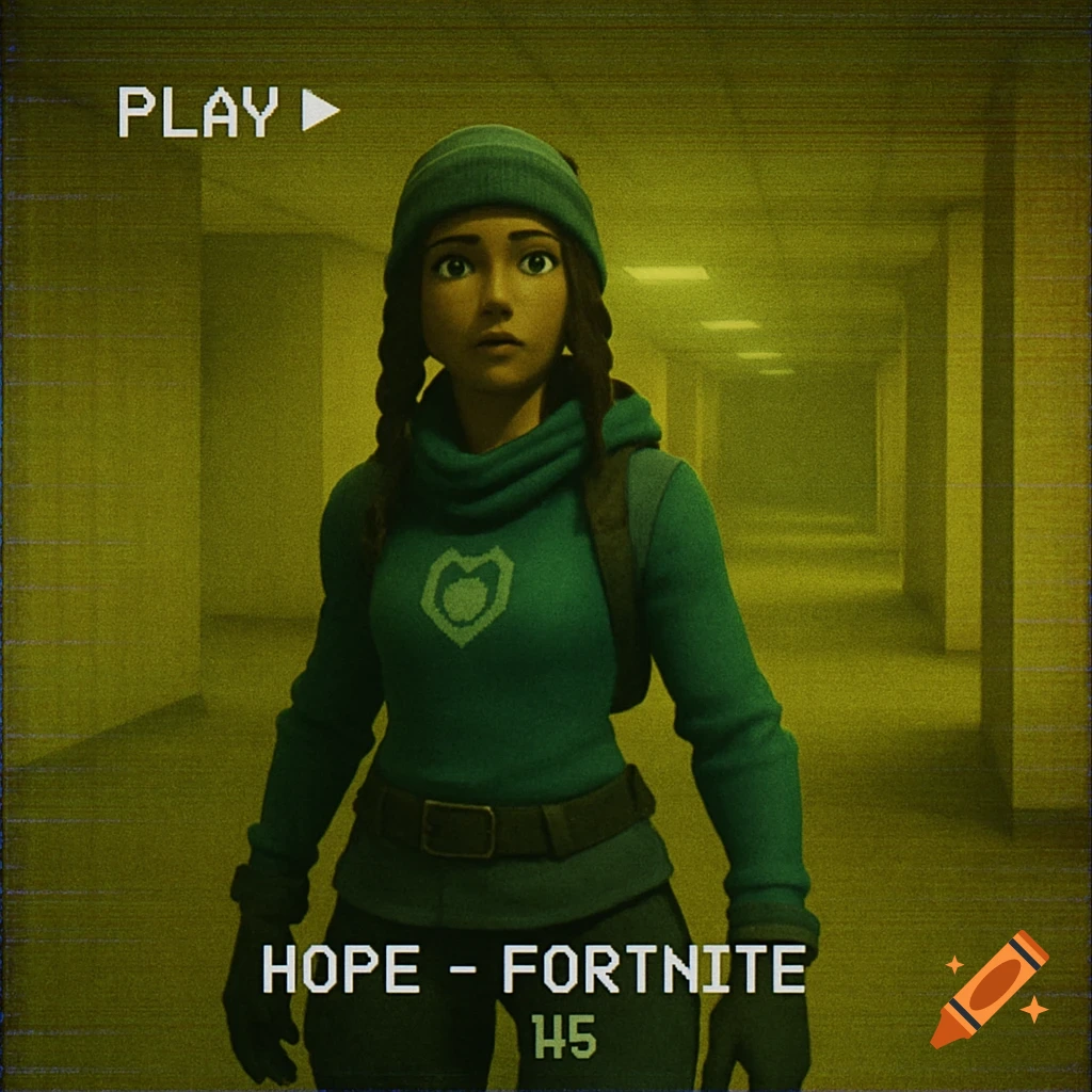 A stylized video game character, Hope from Fortnite, stands in a yellow Backrooms corridor with a VHS tape effect overlay including 'PLAY' and 'HOPE - FORTNITE' text.