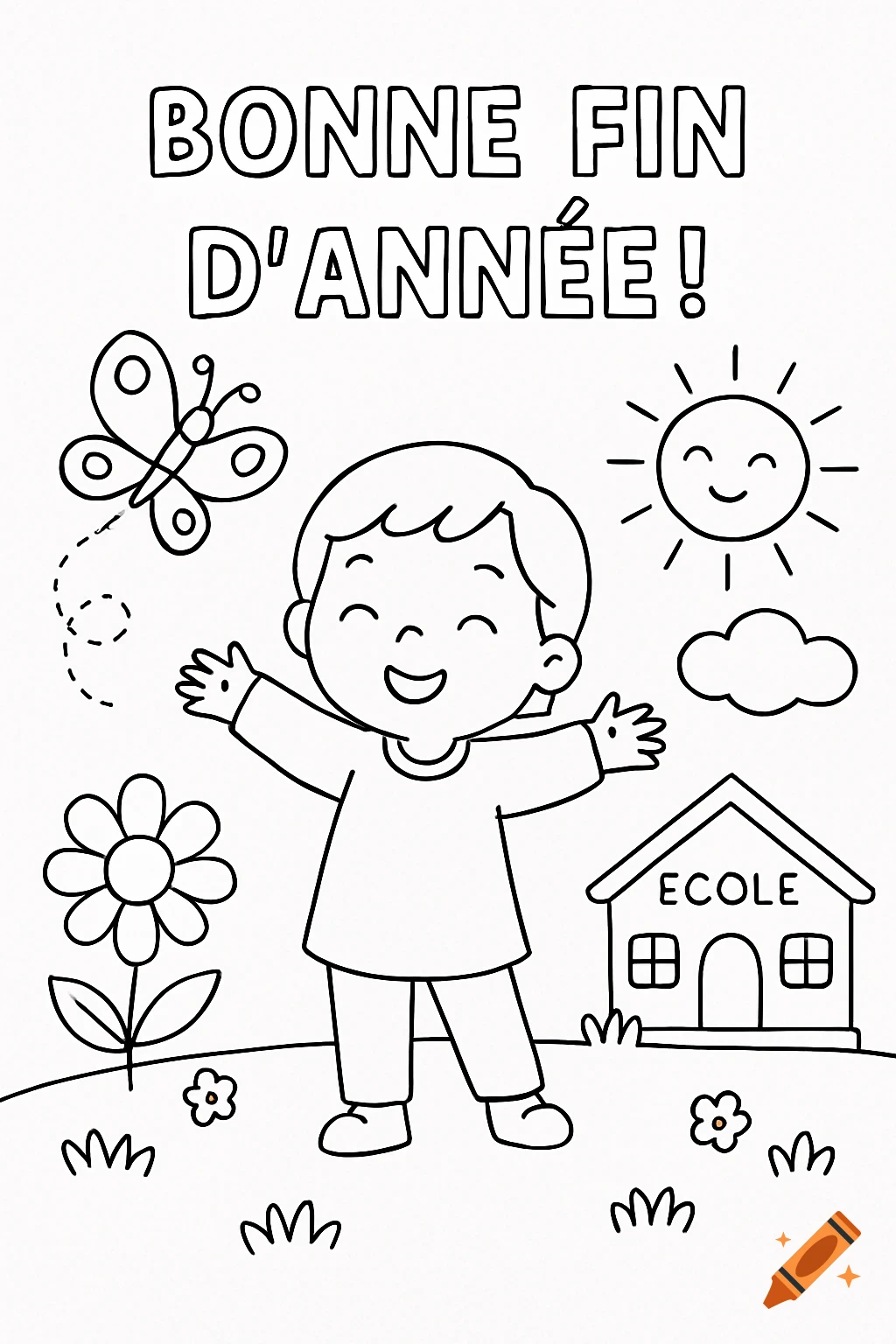 Black and white coloring page of a happy child with a butterfly, sun, flower, and schoolhouse with French text.