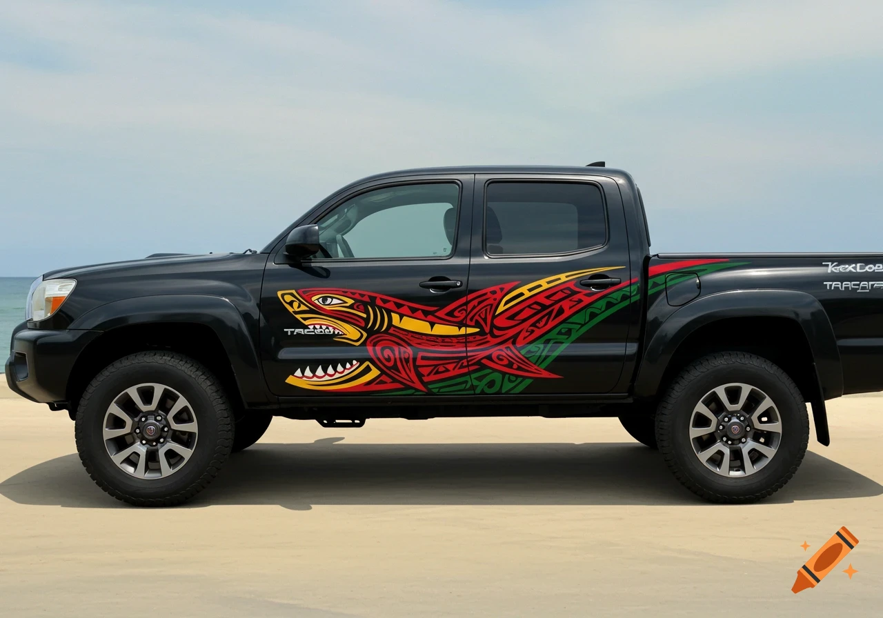 A black pickup truck with a red, yellow, and green tribal shark decal on the side parked on a beach