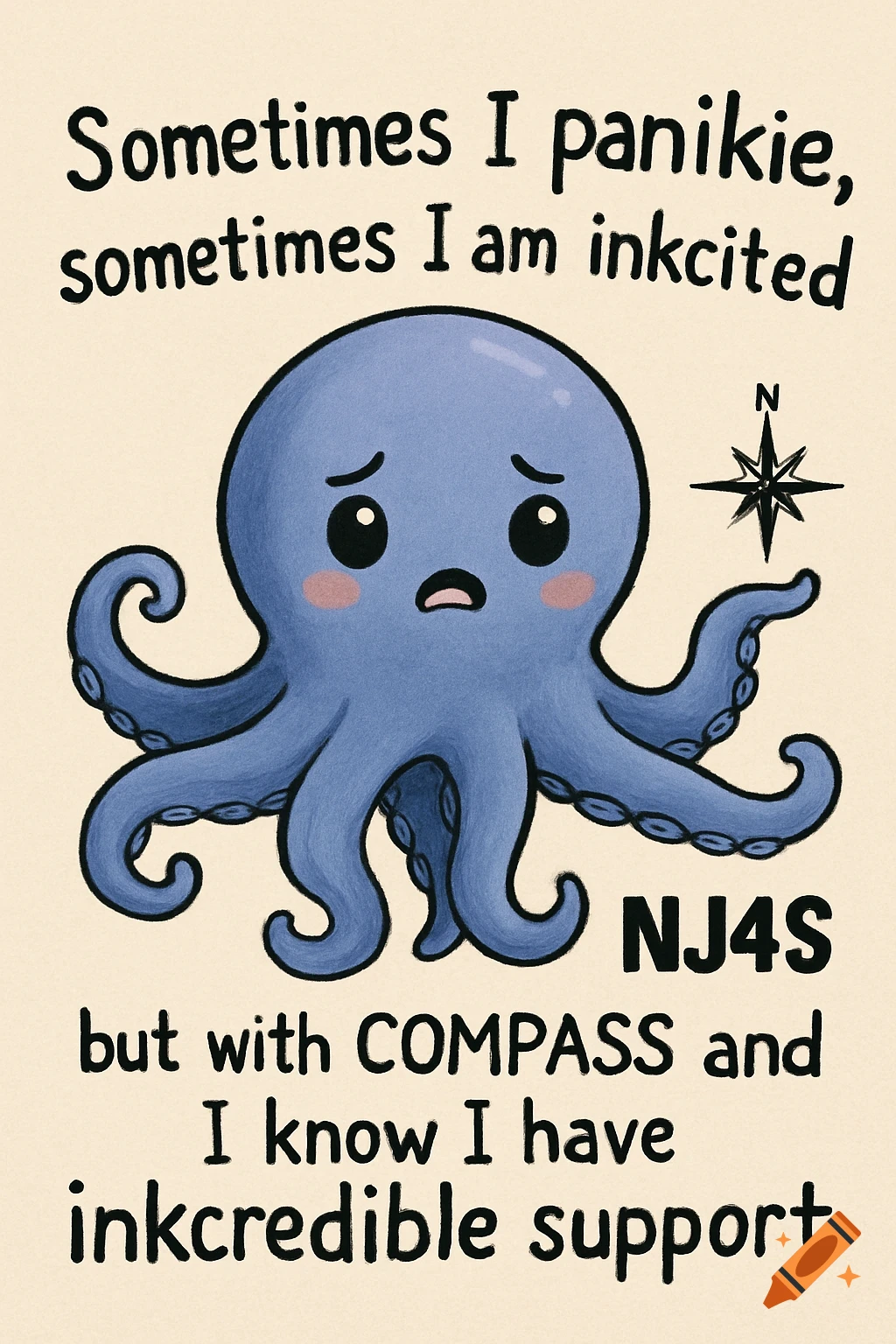 Cute blue octopus illustration with text and compass rose.