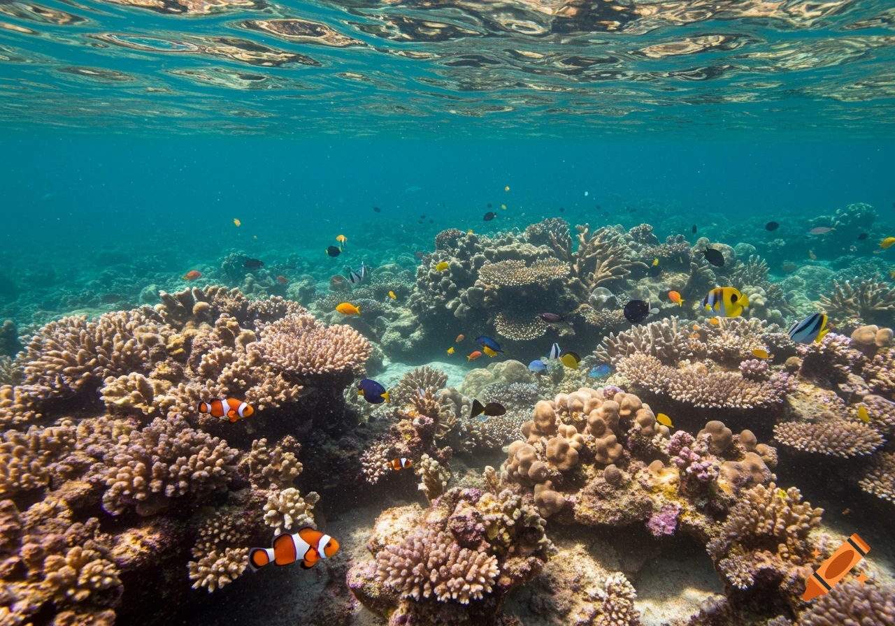 Underwater view of a vibrant coral reef with colorful fish swimming among the coral.