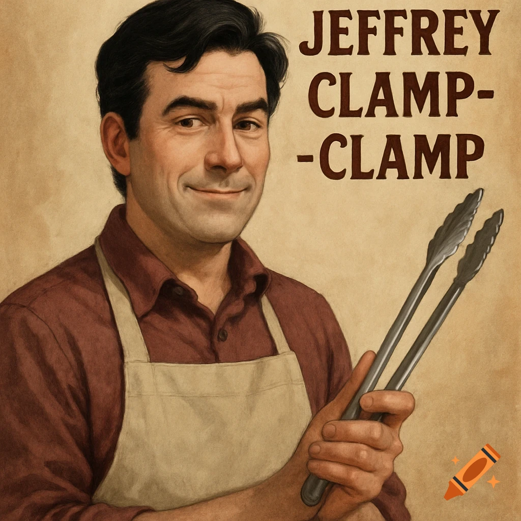 A man in an apron holds cooking tongs next to text that says Jeffrey Clamp-Clamp.