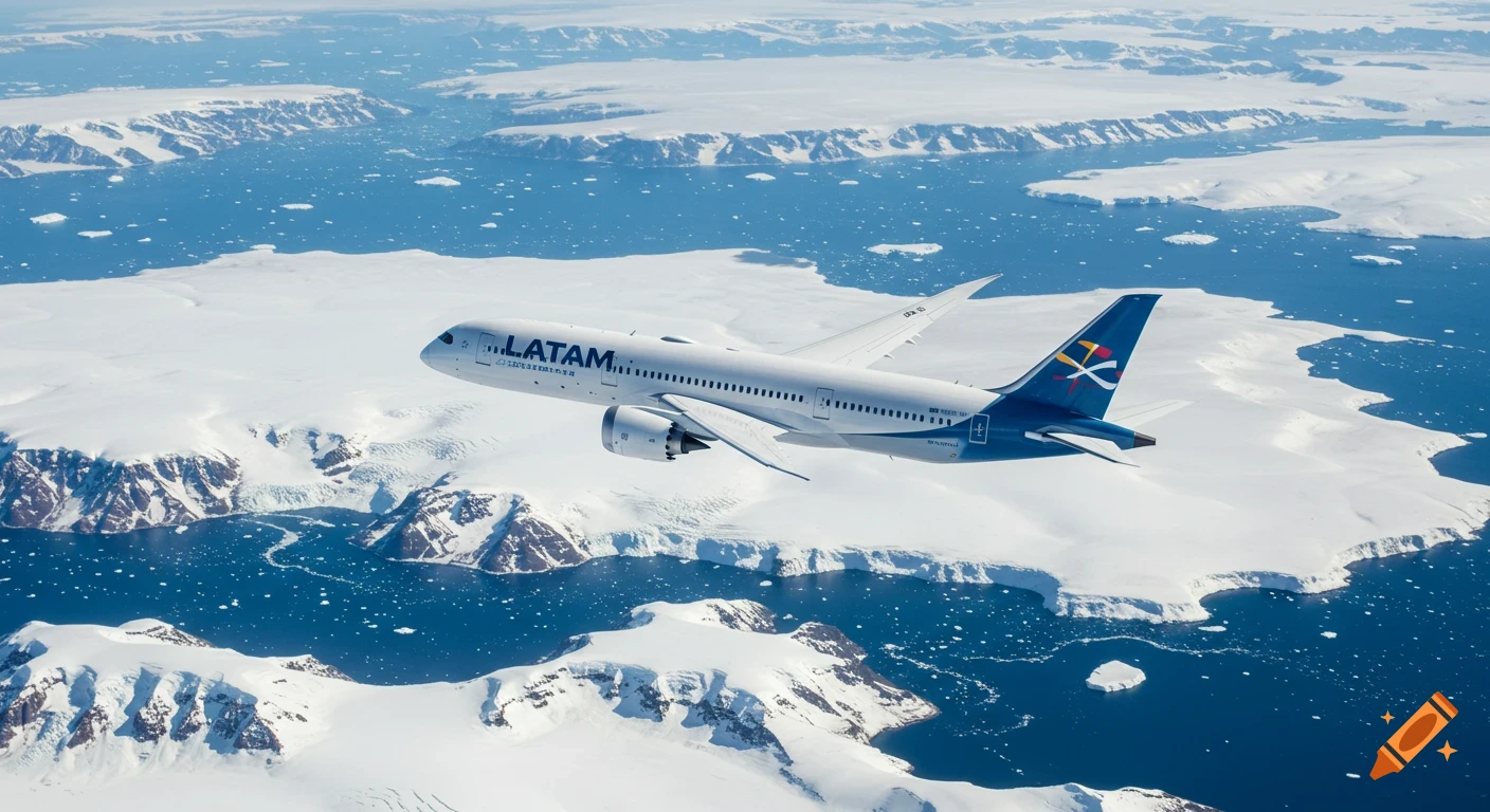 A LATAM Boeing 787 airplane flies over a snowy and icy arctic landscape.