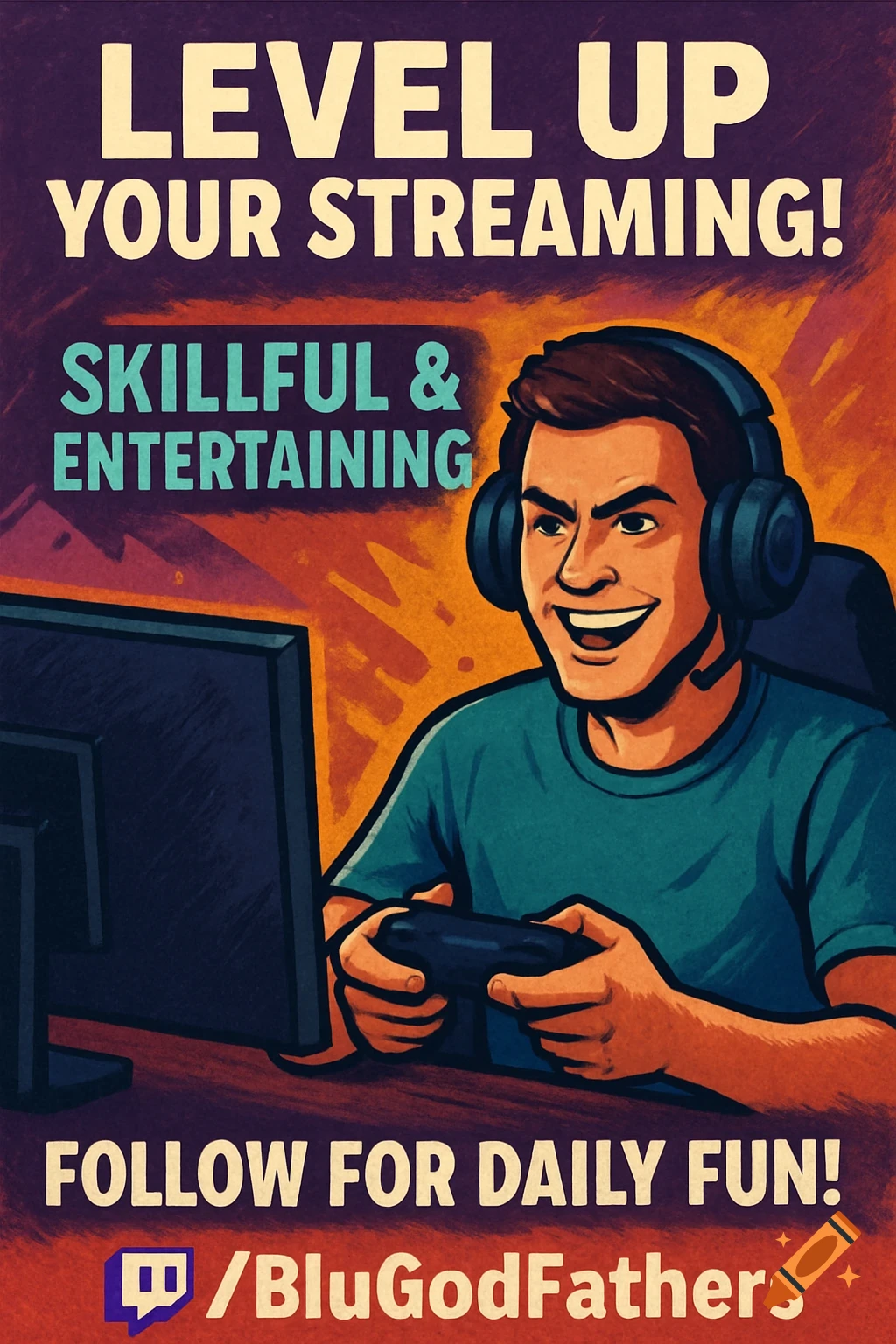 Illustrative poster promoting streaming, showing a gamer with headphones and controller at a monitor.