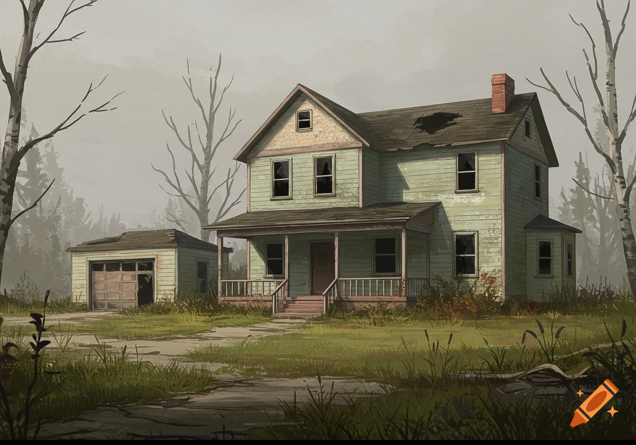 Illustration of a dilapidated house and garage in a murky, overgrown post-apocalyptic landscape.