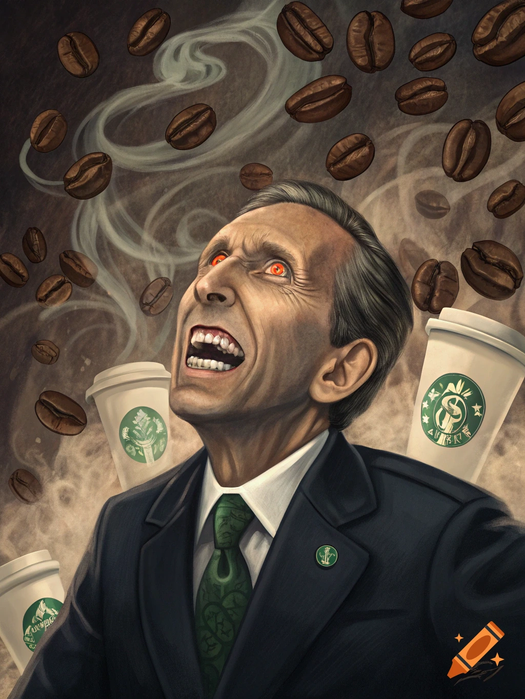 Illustration of a man with red eyes surrounded by coffee beans and Starbucks cups.