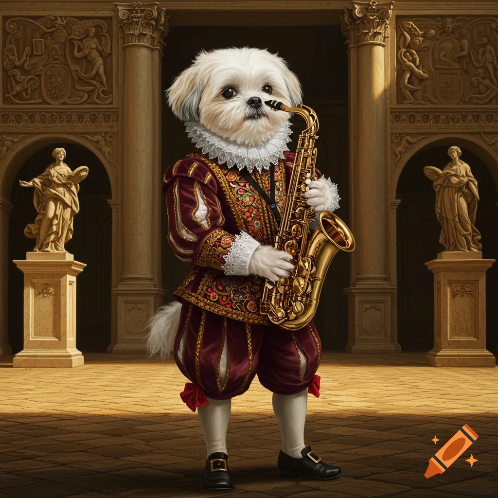 A white shih tzu dog in a renaissance outfit plays the saxophone in a grand hall.