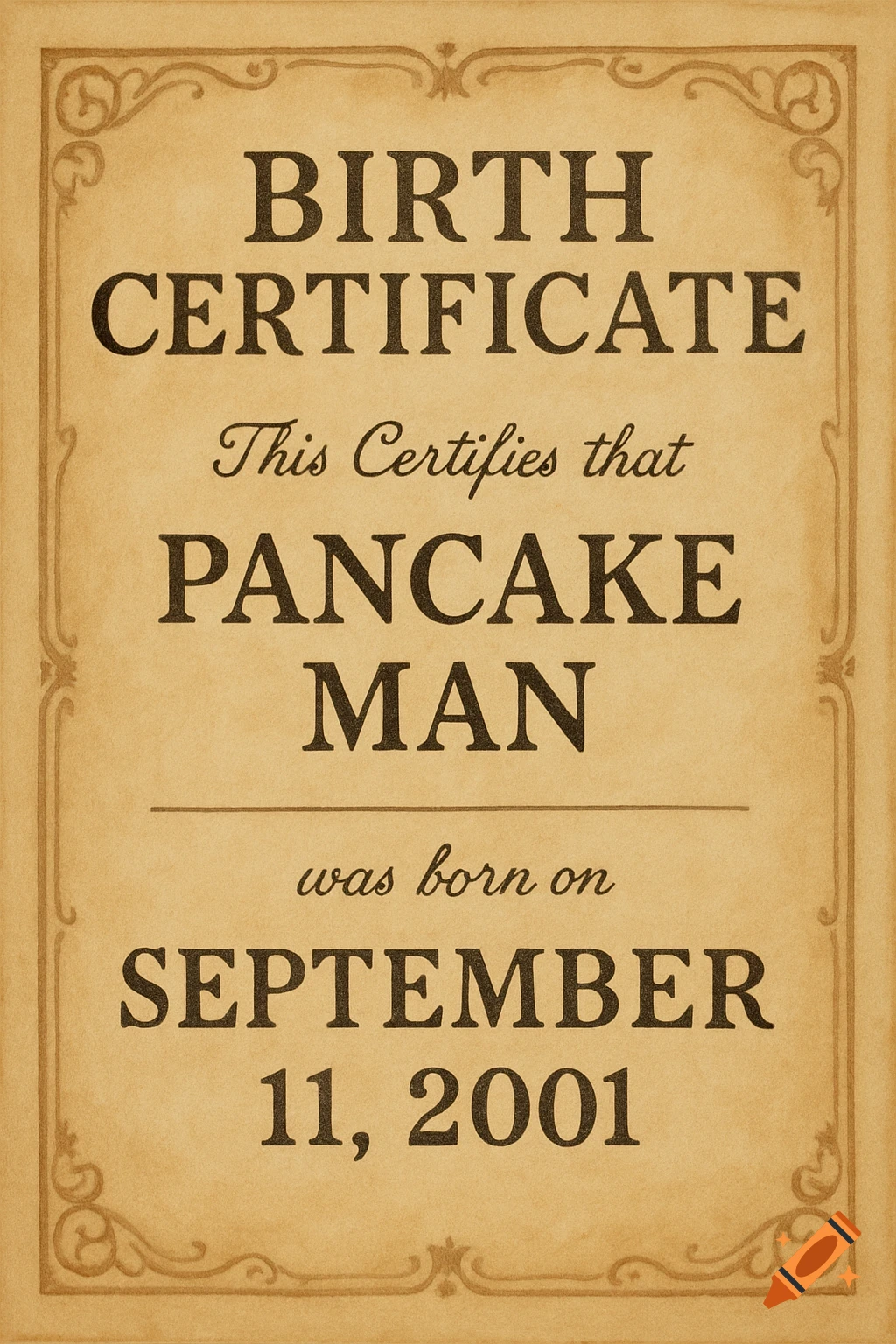 A vintage style birth certificate for Pancake Man born on September 11, 2001.