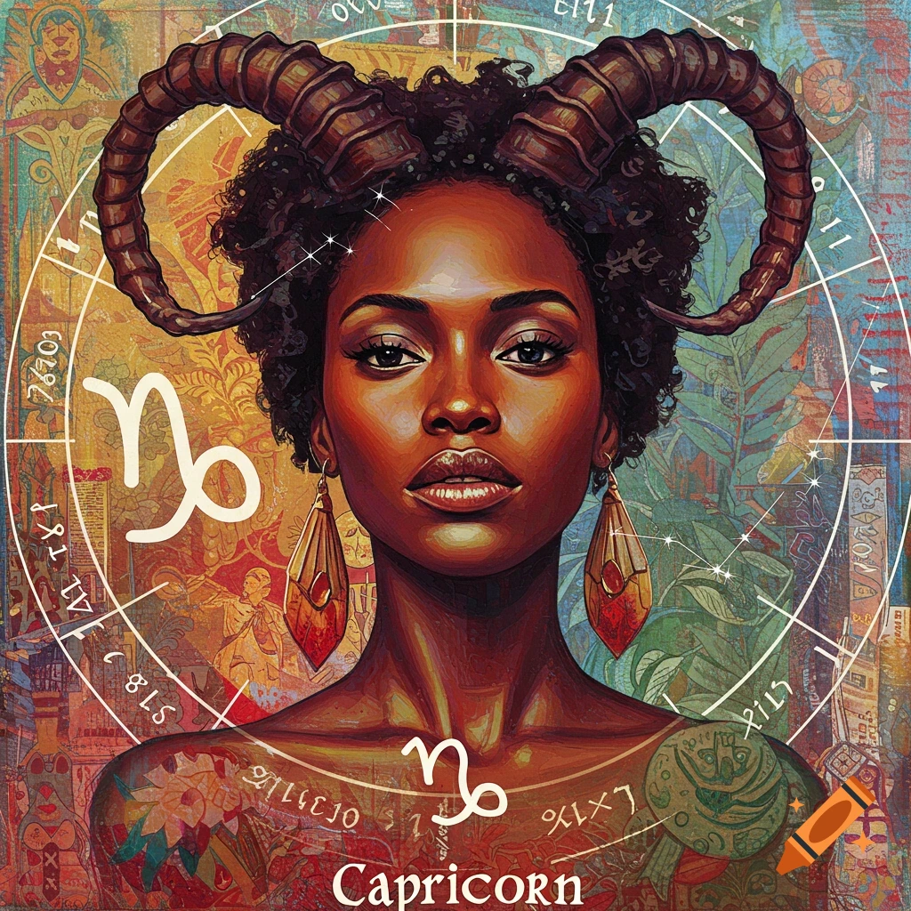 Artistic portrait of a Black woman with ram horns representing Capricorn, surrounded by astrological symbols and patterns.