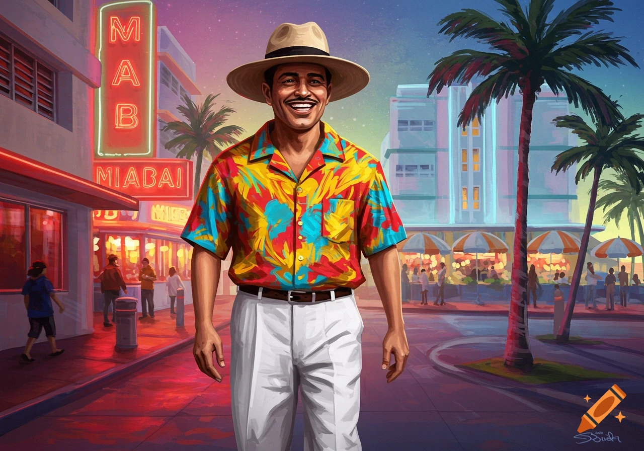 Illustration of a man in a tropical shirt and hat smiling on a Miami street at sunset.