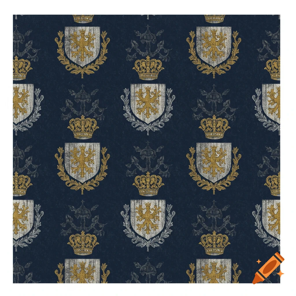 Repeating pattern of heraldic shields, crowns, and anchors on a navy blue background.