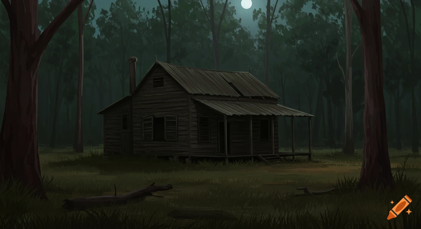 An old wooden cabin stands in a dark forest at night under a full moon, in an illustration style.