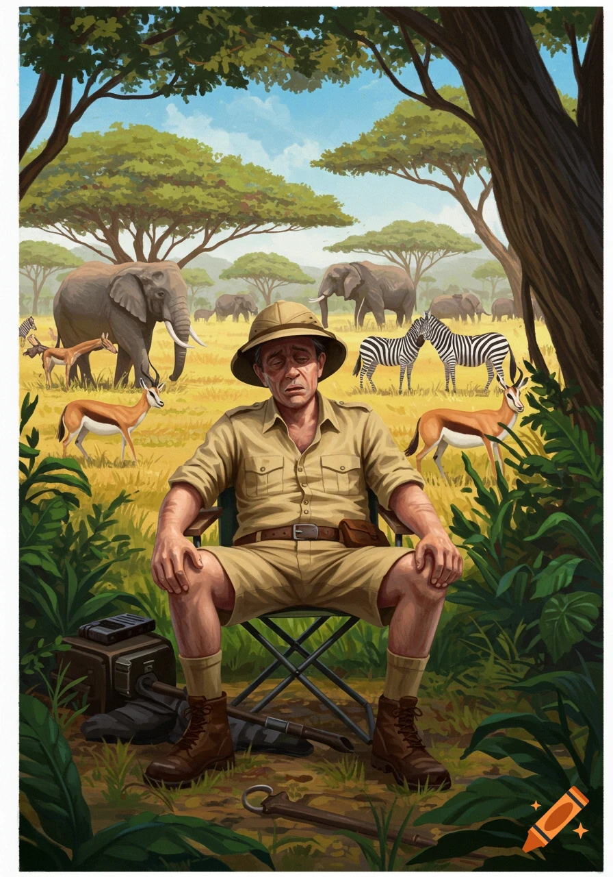 Man in safari gear sits in a chair in the savanna surrounded by elephants, zebras, and antelopes. Illustration.