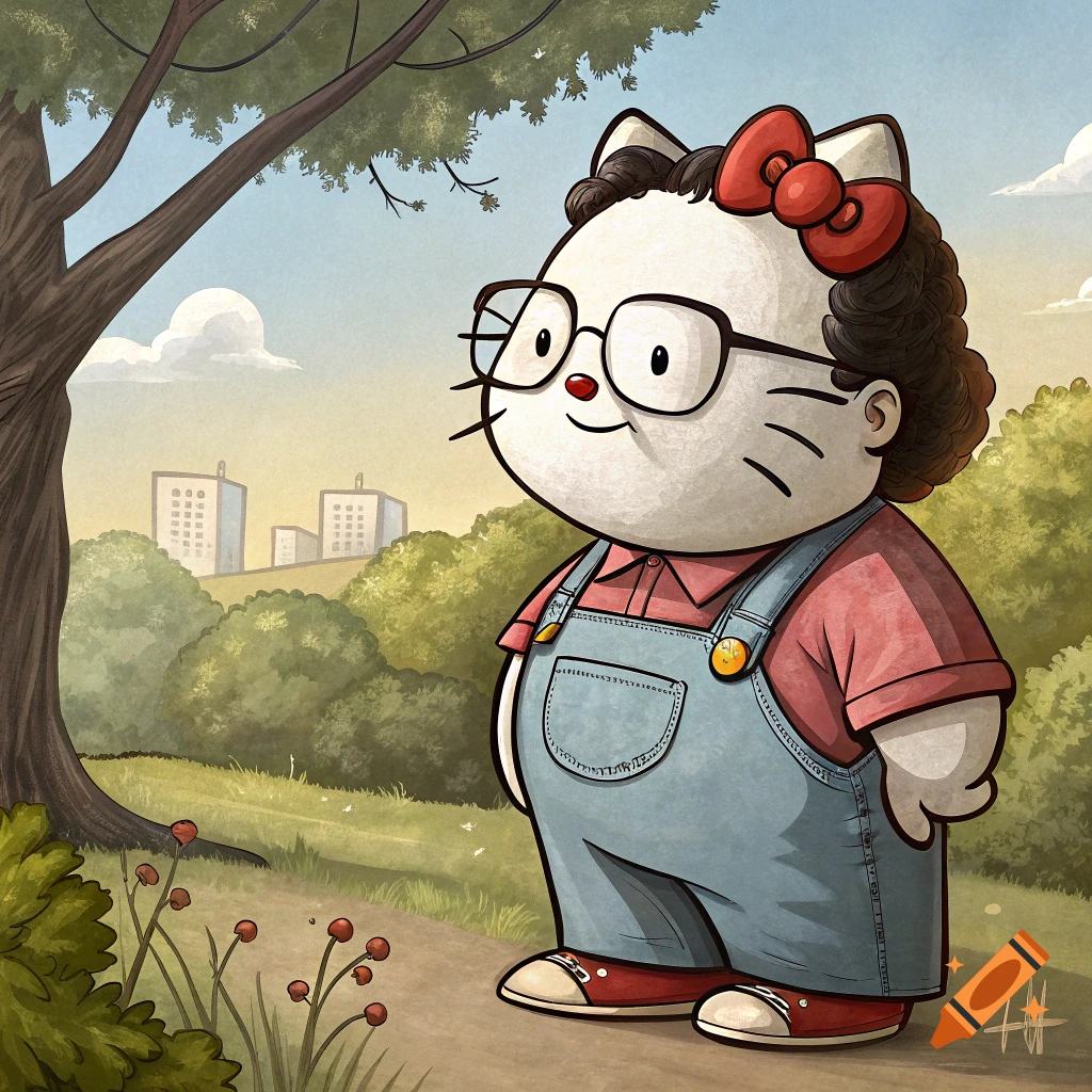A cartoon Hello Kitty character wearing glasses and overalls stands in a park.