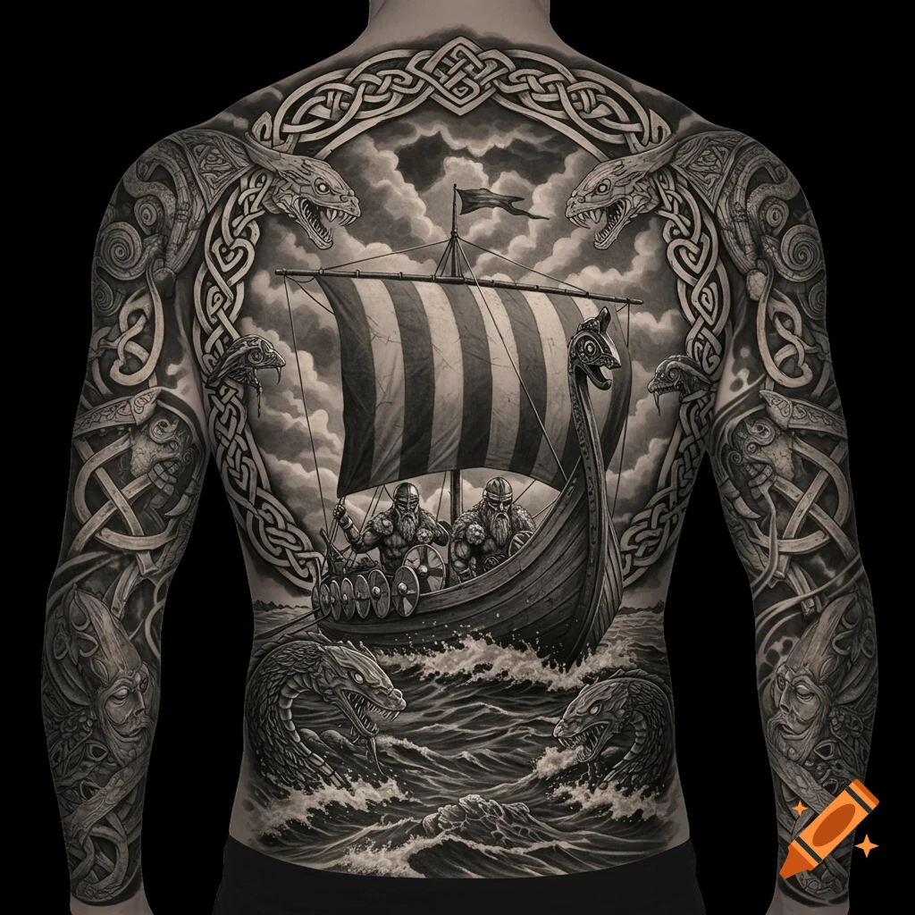 Detailed black and grey full back and arm tattoo featuring a Viking ship at sea with warriors, surrounded by dragons and intricate Celtic knotwork.