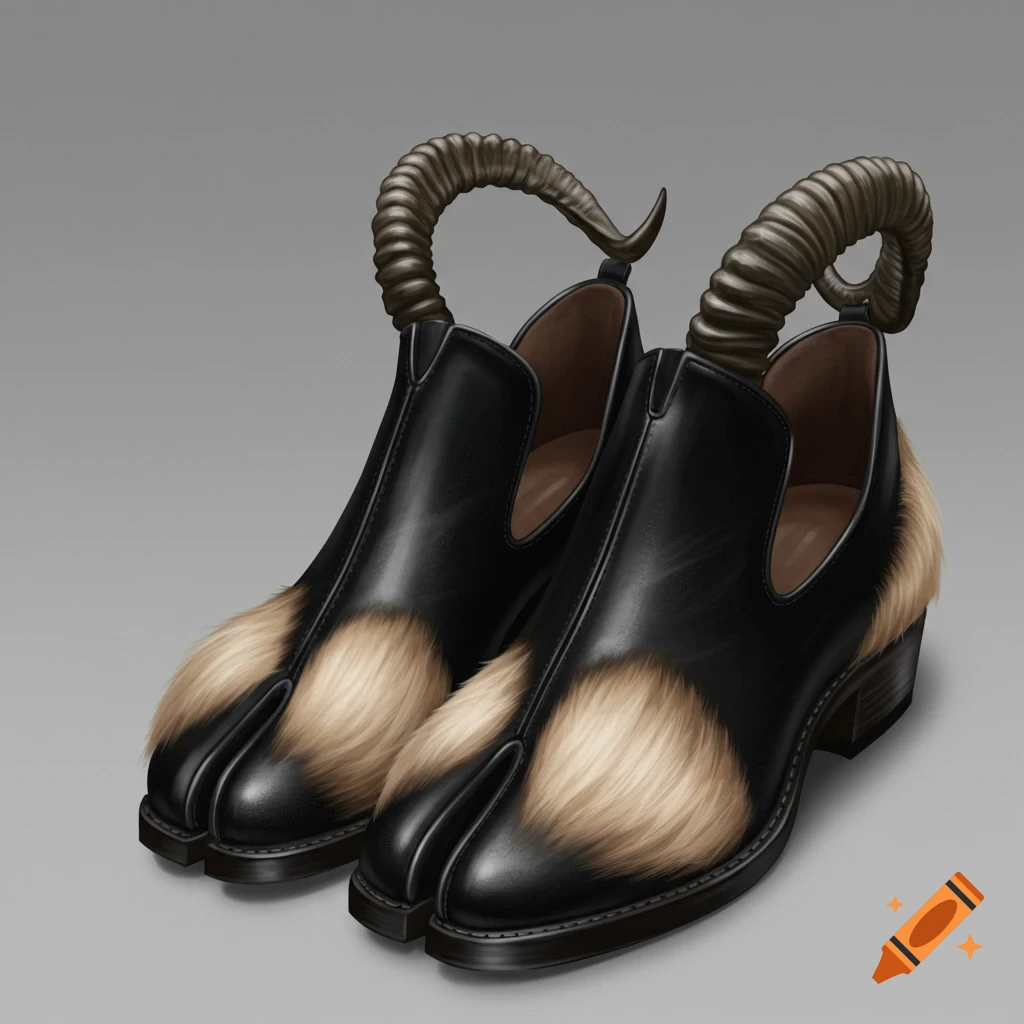 A pair of black leather boots with split goat-like toes, fur accents, and curved horns extending upwards.