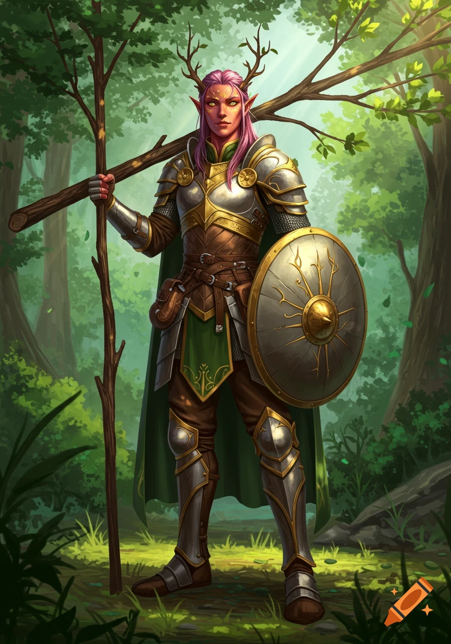 Elven warrior with antlers, armor, and shield in a forest clearing.