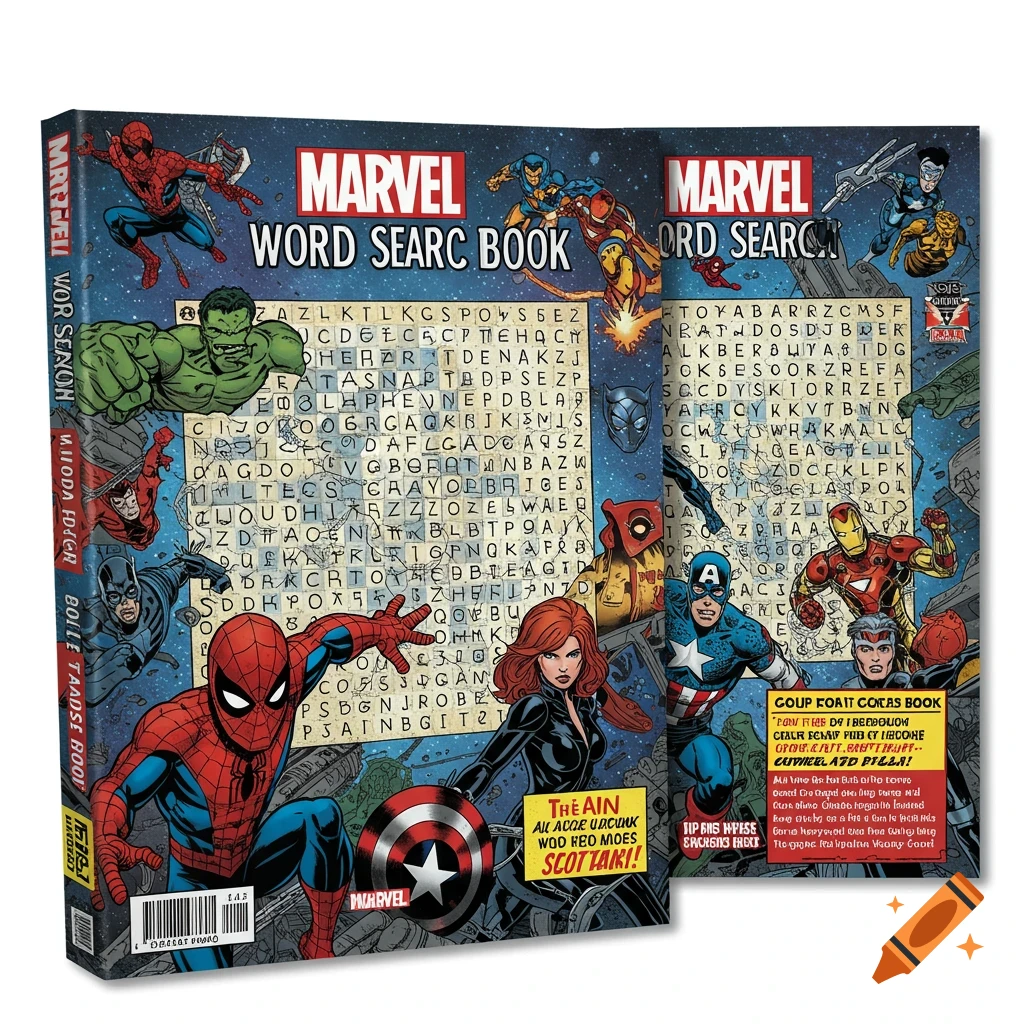 Comic art book cover featuring Marvel superheroes, a word search grid, and book title.