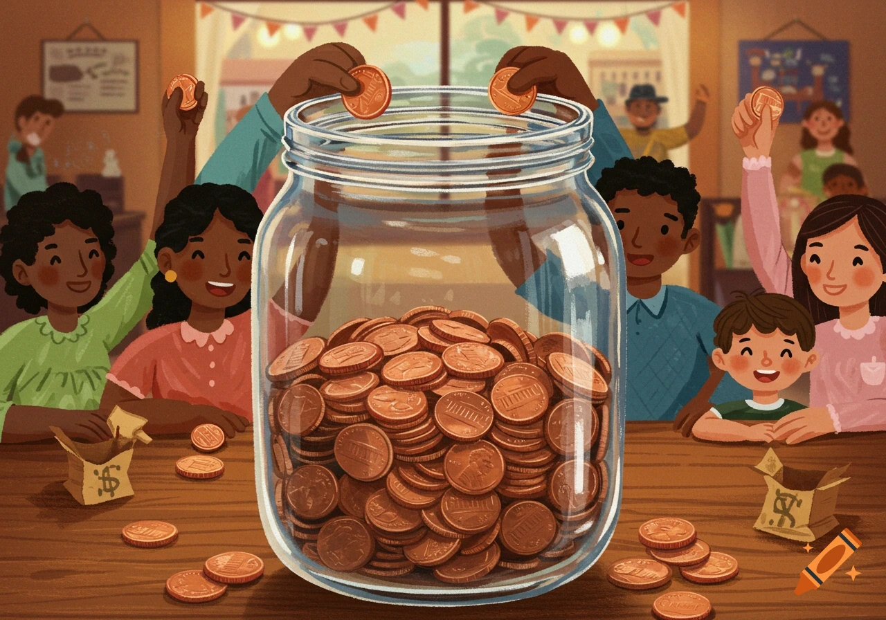 Illustration of a diverse group of adults and children putting pennies into a large glass jar.