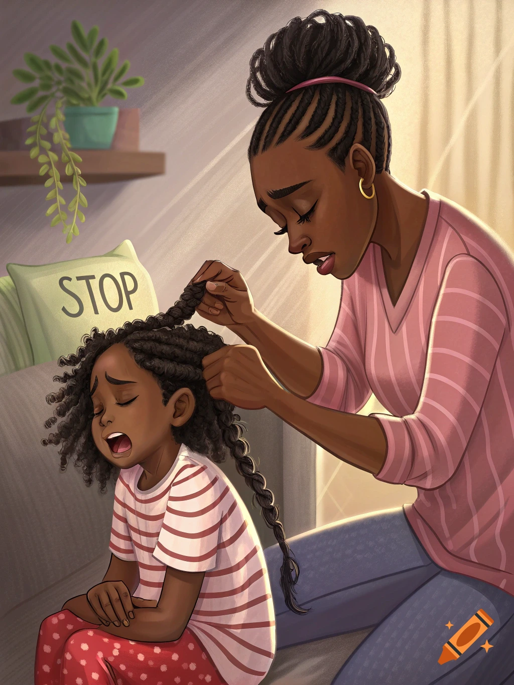 Illustration of a Black mother braiding her crying daughter's hair on a couch.