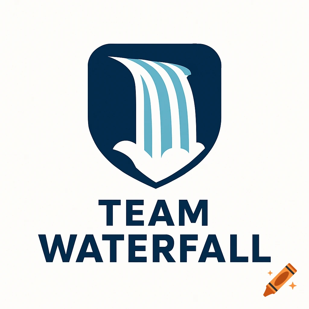 A shield logo with a stylized waterfall graphic above the text "TEAM WATERFALL".