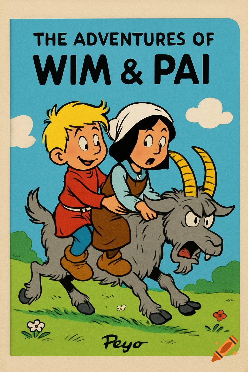 Cartoon cover for "The Adventures of Wim & Pai" showing two children riding an angry goat.