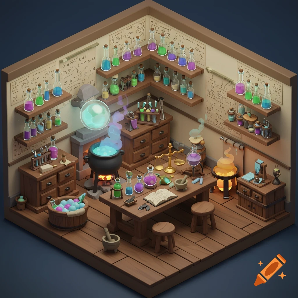 Isometric view of a fantasy alchemist's laboratory filled with potions, cauldron, books, and equipment.