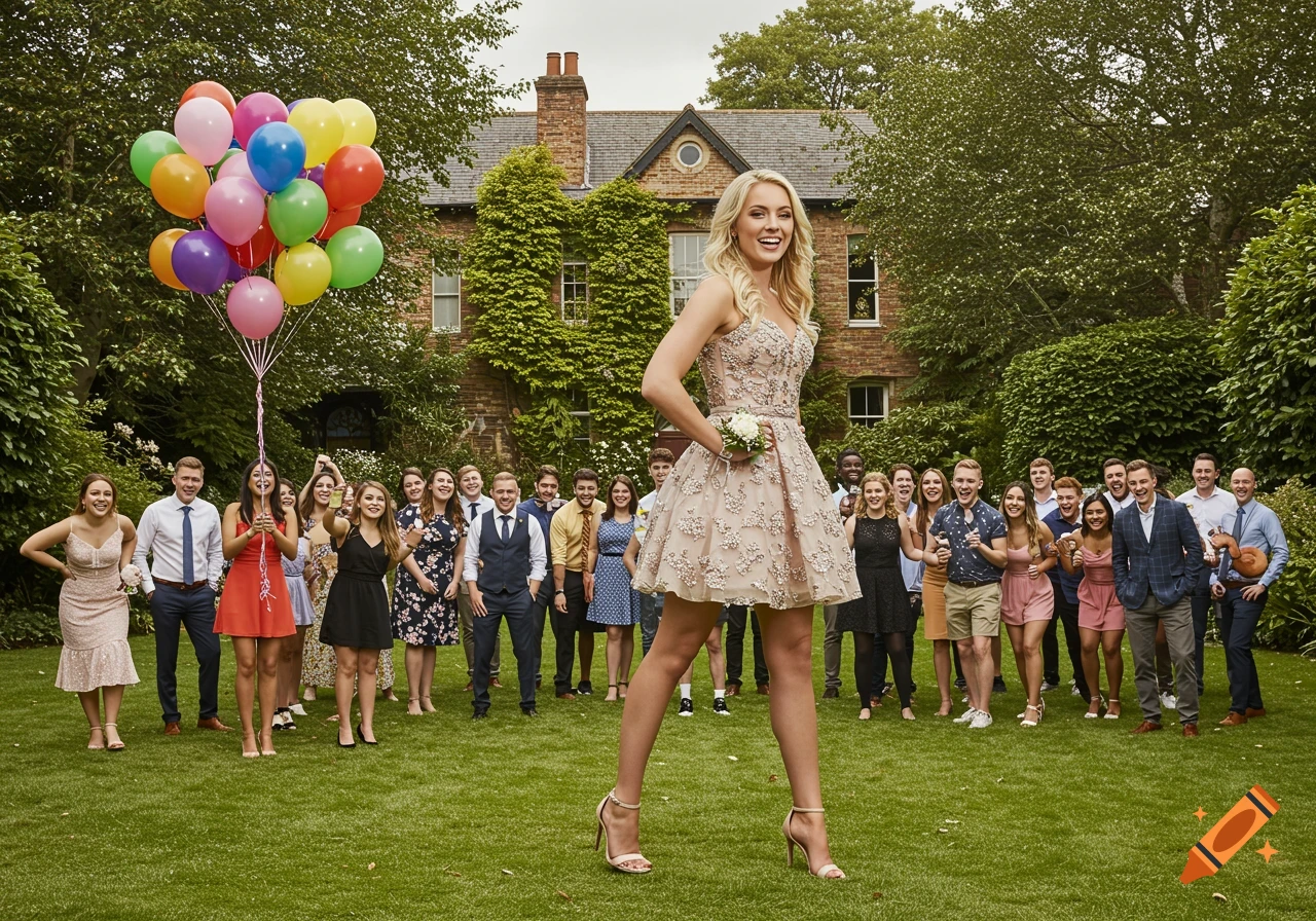 A woman in a prom dress stands with balloons and a crowd of people in a garden with a large house.