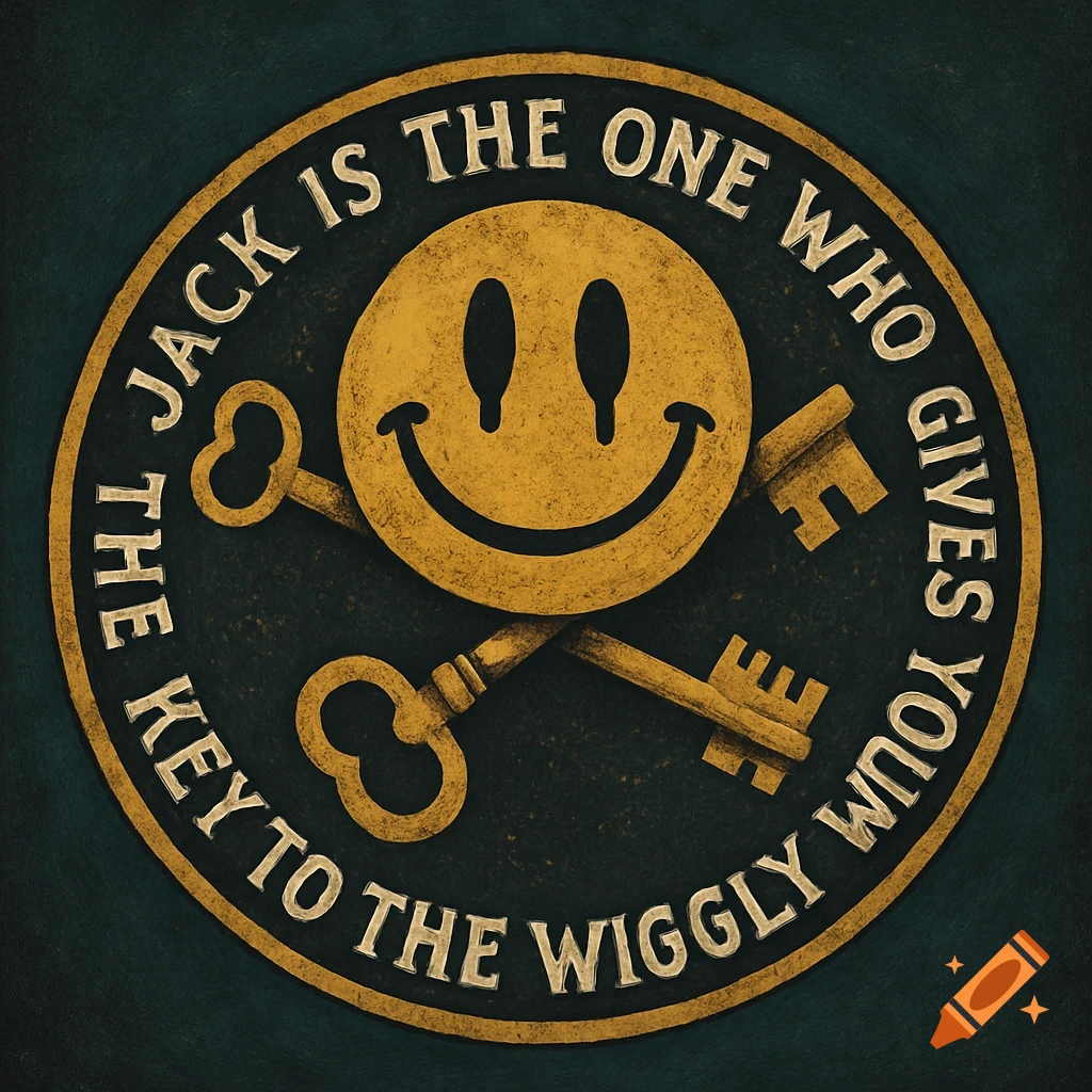 A circular emblem featuring a distressed yellow smiley face and crossed keys, surrounded by white text on a dark background.