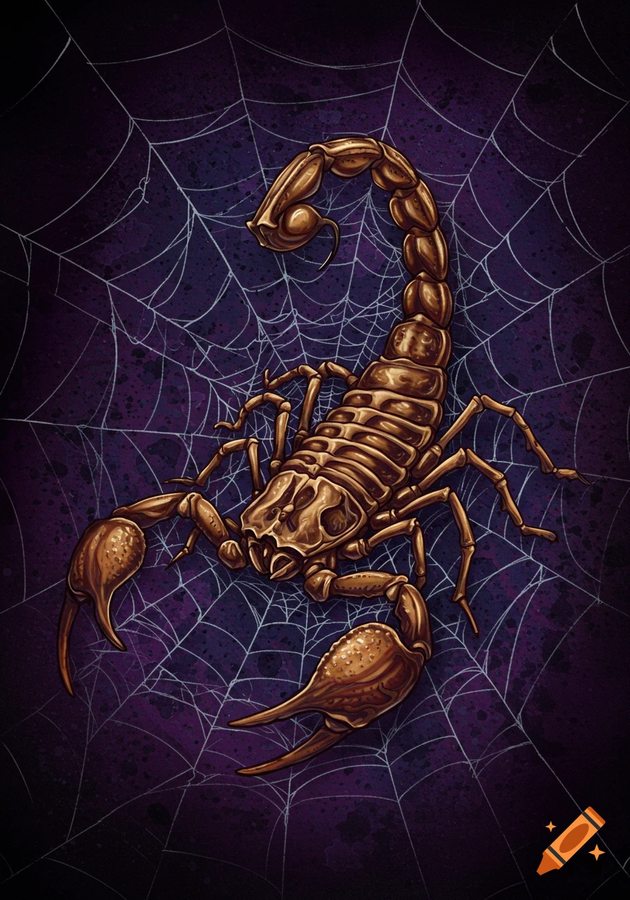 A brown scorpion on a spiderweb against a dark purple background.